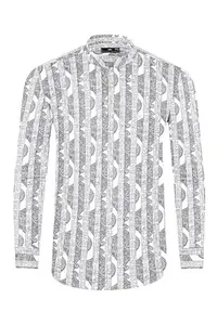 Bright White and Jade Black Stripes Printed Chambray Premium Giza Cotton Shirt