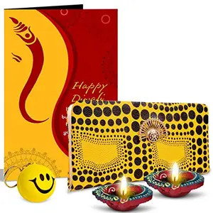 Alwaysgift Happy Diwali 2 Diyas, Ladies Wallet, Smiley Keychain,s & Greeting Card Combo Set