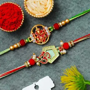 eCraftIndia Set of 2 Ganesha Om Rakhis with Roli Chawal Pack | Designer Rakhi for Brother Bhaiya Bhai Bhabhi Kids