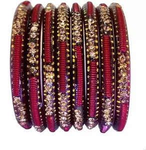 DONERIA DONERIA Glass with Zircon Gemstone Studded worked Glossy Finished Kada Set For Women and Girls, (Maroon_2.4 Inches), Pack Of 8 Kada Set