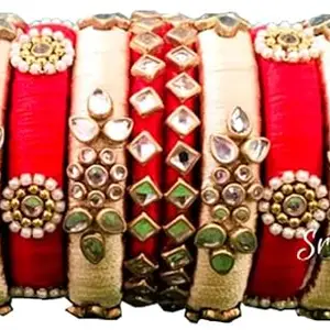 Blue jays hub Silk Thread Bangles New kundan Style Red And Pink color Set Of 10 for Women/Girls (2-4)
