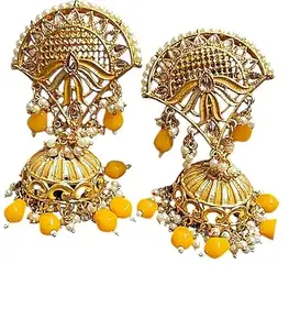 Fashion Empire Traditional Gold-Plated Jhumka Earrings with Pearl and Yellow Beads, Antique Filigree Design