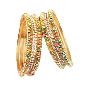 Glamorous Traditional Indian | Artificial Crystal Stone | Rhinestone studded Latest Set of Bangles for Women and Girls | Pack of 2- (Gold- Multicolor)