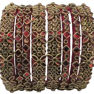 Paavai Traditional Kundan Bangles, Red Floral Design, Set of 8