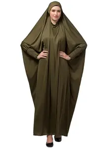 NAZNEEN Smoking Sleeve Tie at Back Ready To Wear Instant Full Size knits Jilbab/Naqab Hijab for Namaz hajj and Umrah OLIVE SMOKING JILBAB