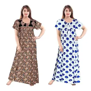 Women's Cotton Printed Nighty – Comfortable Full-Length Sleepwear with Short Sleeves-BZPE-329-Free Size