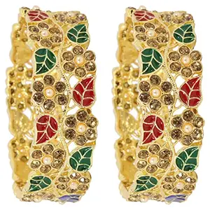 ZULKA Alloy Metal with Zircon Gemstone and Pearls Leaf Design Traditional Kada Set For Women and Girls, (ZU_RKP-1_90248-Multi-2.2 Inches), Pack Of 2 Kada Set