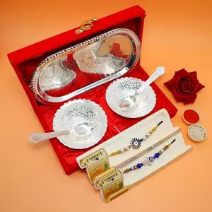 Piepot Ac Anand Crafts Premium Rakhi for Brother with Gift Silver Plated Bowl and Spoon Set with Red Velvet Box| Two Bhaiya Rakhi with Roli Chawal for Bro, Brother, Bhai