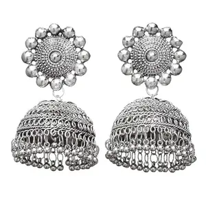Traditional Silver Jhumka Earrings, Antique Floral Design, Pearl Drop Jhumki, Afghan Style