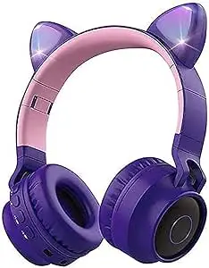 Padom Wireless tooth Kids Headphones, Cat Ears tooth Over Ear Headphones Volume Limiting,LED Lights, FM Radio, TF Card, Aux, Mic for iPhone/iPad/Kindle/Laptop/PC/TV