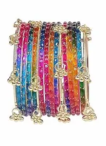 KAYASHA Kashmiri Ghangharoo Glass Bangle Set for Women| Light Weight Bangles | Traditional Transparent Fancy Glass Chudi Set for Wedding, Party(Set Of 16)