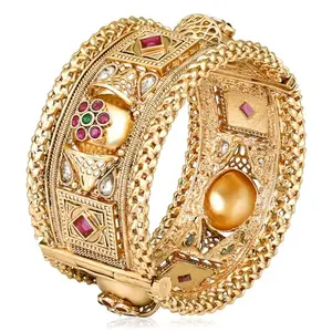 Peora Traditional Gold Plated Synthetic Stone Studded Thick Single Piece Openable Kada Bangle Jewellery for Women (Size - 2.8 inch)