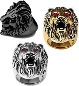 Triumph of the Lions: Men's Trio Ring Set in Gold, Black, and Silver with Fiery Red Eyes