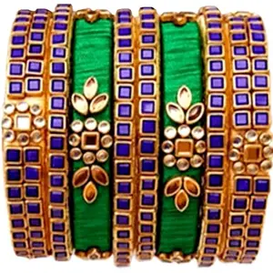 Blue jays hub Silk Thread Bangles New kundan Style Green And Blue color Set of 8 for Women/Girls (2-4)