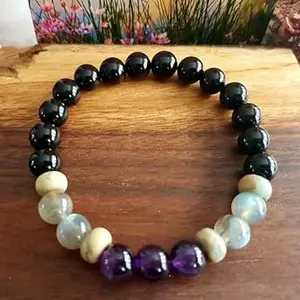 LKBEADS Natural Amethyst, Labradorite, Variscite & Black Onyx 8mm Mix Shape Smooth Cut Beads 8 inch Stretchable Bracelet for Men & Women.|STBR_RR_00591_8.0