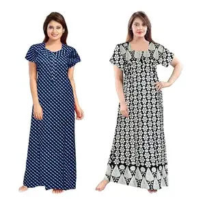 Women's Cotton Printed Nighty – Comfortable Full-Length Sleepwear with Short Sleeves-BZPE-190-Free Size