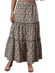 NEUDIS Women's Cotton Printed Tiered Maxi Skirt with Side Pocket, Brown