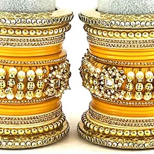 THE OPAL FACTORY Bridal Jewellery Bangles Set Gold Plated Punjabi Chuda Set for Wedding with Rajasthani Kundan Stones and Gold Pearl Bangles for Women and Girls (Yellow, 2.60)