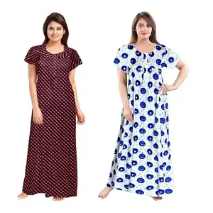 Women's Cotton Printed Nighty – Comfortable Full-Length Sleepwear with Short Sleeves-BZPE-229-Free