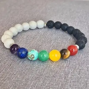 LKBEADS Natural 7 Chakra Stone, Black Lava & White Lava 8mm Round Shape Smooth Cut Beads 75 inch Stretchable Bracelet for Men & Women|STBR_RR_00122_75