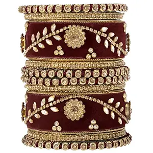 Peora Maroon Velvet Silk Thread Floral Design Bangle Chuda Chura Set Jewellery for Women Girls