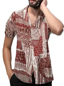 Mens Slim Fit Tropical Printed Casual Shirt - Regular Fit Short Sleeve Shirts - Stylish and Comfortable Button-Down Dress (in, Alpha, L, Regular, White & Red)