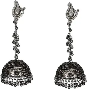Afghani Kashmiri Oxidised Black Tone Paecock Design Long Metal Jhumka Earrings | Black Long drop Ghunghroo Peacock Jhumka Earrings For Women & Girls