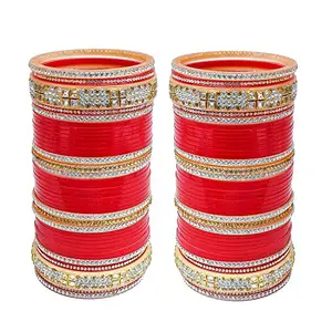 Lucky Jewellery Bridal Bangle Set Golden & White Stone Chura Red Color Designer Choora Punjabi Wedding Chuda Set for Women (858-G1C1-JM290-R24)