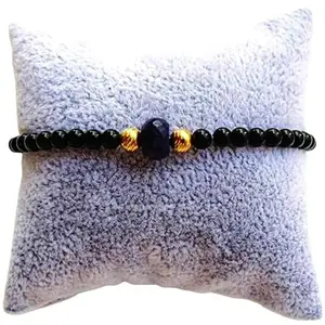 RRJEWELZ Unisex Bracelet 4-8mm Natural Gemstone Black Onyx With Blue Sapphire Round & Rondelle shape Smooth & Faceted cut beads 7 inch stretchable bracelet for men & women. | STBR_01593
