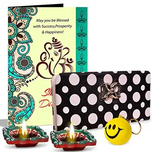 Alwaysgift May You Be Blessed with Success Shubh Diwali 2 Diyas, Ladies Wallet, Smiley Keychain,s & Greeting Card Gift Set
