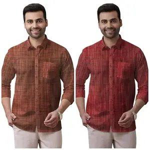 Men's Khadie Cotton Full Sleeve Striped Collar Neck Regular Casaul Shirt Combo Set Orange_L