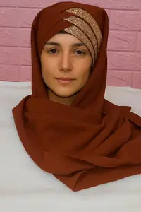 Premium Hijab Scarf with Gold Accent Detail, Brown Colour, Women's Head Covering