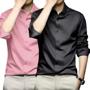 Visit the DEELMO Store DEELMO Combo of Men's Stylish Solid Satin Casual Shirt for Men Full Sleeves| Poly Satin Silk Shirt Pack of 2
