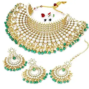 Amazon Brand - Anarva Anarva 18K Gold Plated Traditional Kundan & Pearl Studded Bridal Choker Necklace Jewellery Set for Women (K7085)