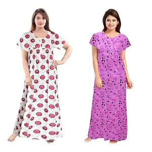 Women's Cotton Printed Nighty – Comfortable Full-Length Sleepwear with Short Sleeves-BZPE-305-Free