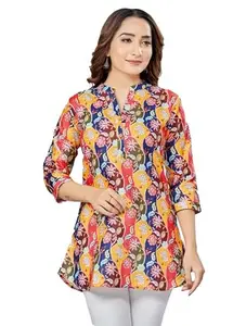 Women's Cotton Blend Mandarin Collar 3/4 Sleeves Short Top (Multicolor, L)-PID56241