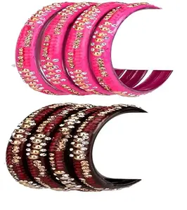 Somil Combo Of Party & Wedding Colorful Glass Kada/Bangle, Pack Of 8, Pink & Brown