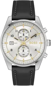 Visit the BOSS Store BOSS Skytraveller Qtz Fashion Chrono Silver Sunray Round Dial Men's Watch|Black Calfskin Material|Black Color Band - 1514147