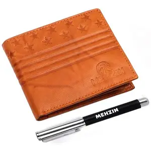 MEHZIN Men Formal Tan Genuine Leather RFID Wallet & Pen 2Pcs Combo Gift Set (8 Card Slots) Wallet & Pen Gift Set. Style-167