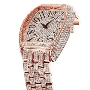 Aaron Luxury Men 42MM Iced Out Tank Tonneau Case Shape Classic Wrist Watch for Men (Pink)