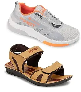 Liboni Men's Orange Grey Sports Shoes & Brown Stylish Sandals Combo Pack of 2 (7)