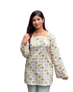 Cotton Top, Diamond Print Pattern, Long Sleeve, Casual Tunic Style