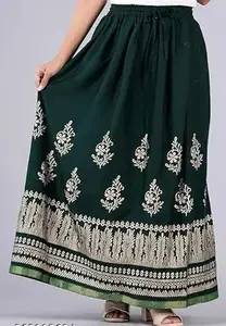 Cotton Wrap Skirt with Block Prints and Fringed Edges for Boho Style for The Size of -M Multicolour