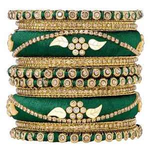 Peora Gold Plated Green Silk Thread & Stone Studded Chuda/Chura Bangle Set Ethnic Jewellery for Women