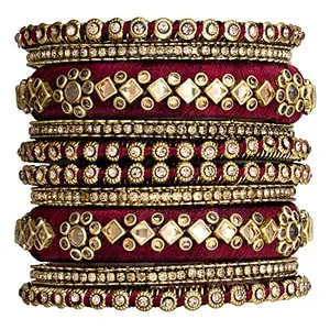 Peora Gold Plated Maroon Velvet Fancy Kundan Silk Thread Chuda Bangle Set Indian Traditional Bridal Fashion Jewellery for Women Girls, Size - 2.6