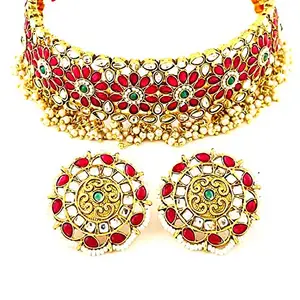 THE OPAL FACTORY Gold Imitation Rajasthani Kundan Polki Choker Necklace Set for Women (Pink/Green)