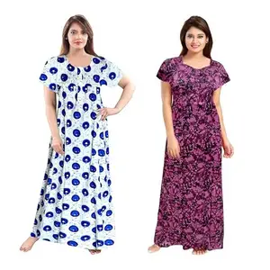 Women's Cotton Printed Nighty – Comfortable Full-Length Sleepwear with Short Sleeves-BZPE-353-Free Size