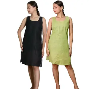 KASANI Women's Camisole Cotton Long Knee-Length Sameej/Slip/Inner, Sleeveless, Pack of 2