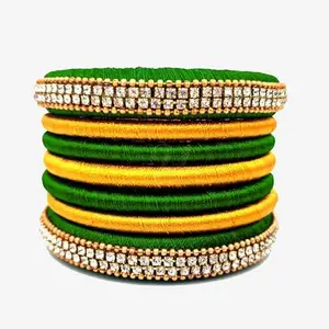 pratthipati's Hand Craft Silk Thread Bangles With Kundan Stones Chuda Bangle Set (Dark Green-gold) (Size-2/4)
