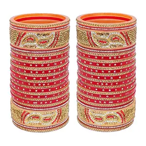 Lucky Jewellery Bridal Bangle Set Designer Chuda Golden White & Red Stone Choora Wedding Chura For Women (1188-M1C1-723-R28)